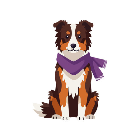 Australian Shepherd dog sits calmly wearing a purple scarf, showing friendly and cozy character in vector style. Cheerful mood.のイラスト素材