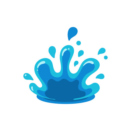 Vector illustration shows a blue water splash with droplets spreading outward on a white background in a clean style. Energetic mood.のイラスト素材