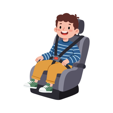 Illustration shows a child sitting securely in a car seat with a seatbelt fastened, emphasizing safety and comfort. Cheerful mood.のイラスト素材