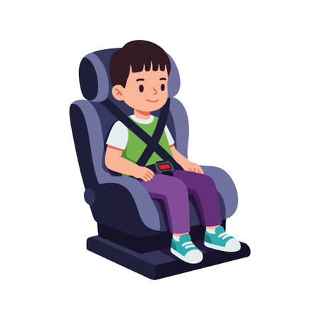 Illustration of a child sitting securely in a car seat with a seatbelt fastened, emphasizing safety and comfort, cheerful mood.のイラスト素材