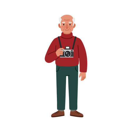 Illustration shows elderly man wearing red sweater and green pants holding a camera, standing and looking forward. Calm and simple mood.のイラスト素材