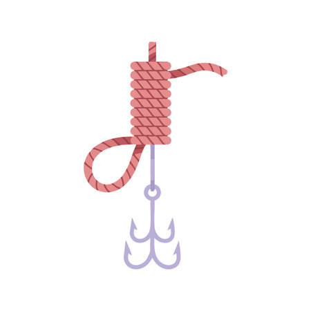 Illustration shows a purple fishing hook wrapped in pink rope against a white background in flat style, evoking calm and focus.のイラスト素材