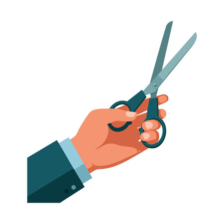 Illustration shows a human hand holding scissors with a blue sleeve, ready to cut, in a simple flat style. Calm and focused.のイラスト素材
