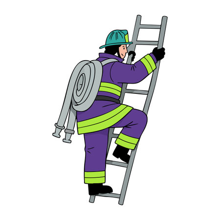 Firefighter climbs ladder wearing protective gear and helmet, carrying a coiled hose. Image shows safety and readiness in action, optimistic mood.のイラスト素材