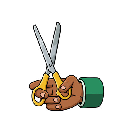 Illustration of a hand gripping yellow handled scissors in a cutting position, featuring clear outlines and vibrant colors. Bright and focused mood.のイラスト素材