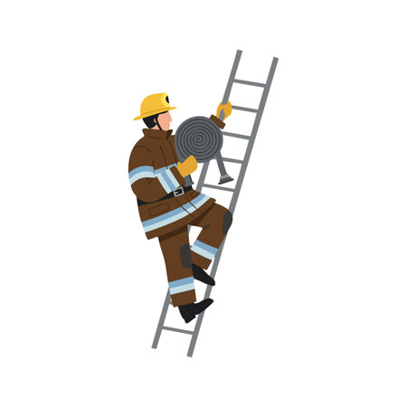 Firefighter wearing brown uniform and yellow helmet climbs ladder holding rolled hose in a safety operation scene, professional and focused mood.のイラスト素材