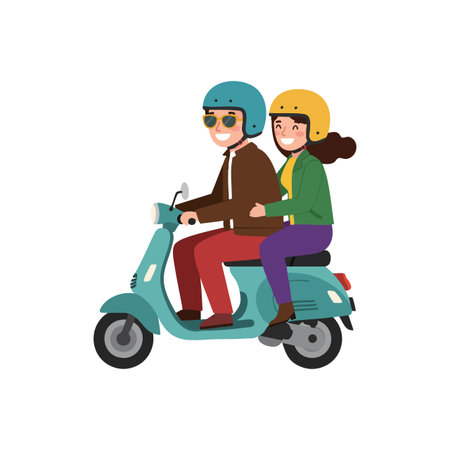 A young couple rides a blue scooter wearing green and yellow helmets, smiling and enjoying the ride in a casual setting. Cheerful mood.のイラスト素材