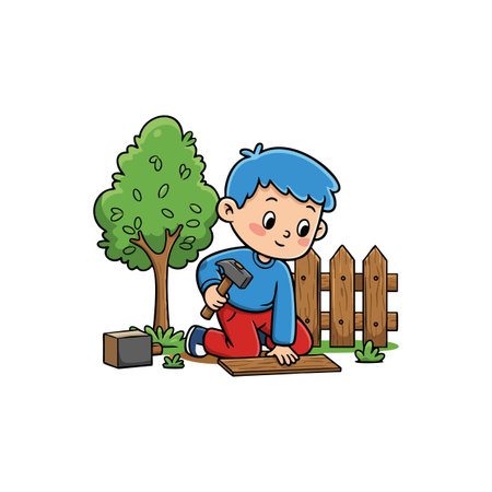 A boy hammers a wooden plank outdoors near a tree and fence in a colorful vector illustration with cheerful mood.のイラスト素材