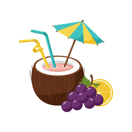 Vector illustration of a tropical coconut drink with colorful umbrella, straws, lemon slice, and grapes, evoking refreshing summer vibes.のイラスト素材