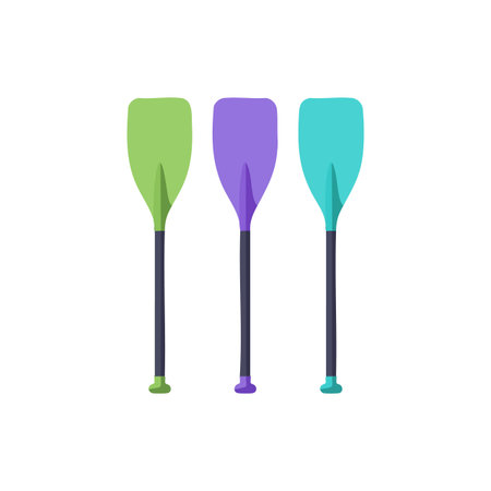 This vector illustration shows a set of three kayak paddles with green, purple, and blue blades in a...