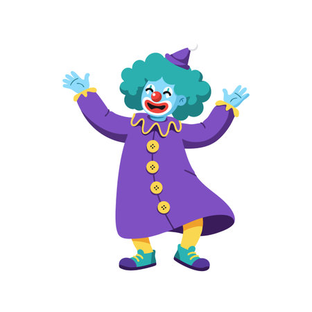 This vector illustration shows a cheerful clown with teal hair and purple costume dancing happily, expressing joy and fun in a playful mood.のイラスト素材