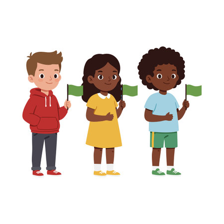 Three children with different skin tones hold green flags and smile, standing together in casual clothing. Friendly and cheerful mood.のイラスト素材