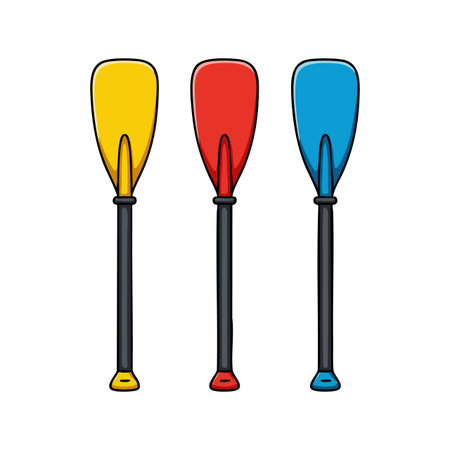 Three kayak paddles with yellow, red, and blue blades stand upright in a row, showing vibrant colors...
