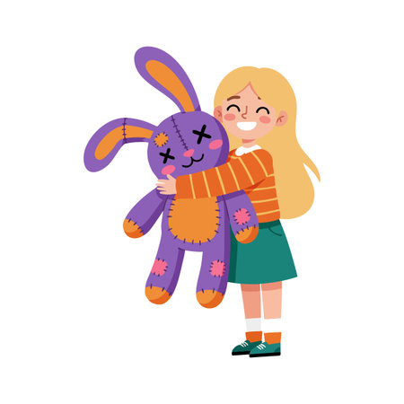 A girl in orange-striped sweater and green skirt happily hugs a large purple and orange plush bunny. Bright, playful, joyful mood.のイラスト素材