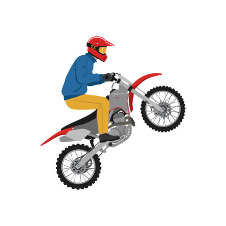 Rider wearing red helmet and yellow pants performs a wheelie on a dirt bike in a dynamic and energetic pose, vibrant and exciting.のイラスト素材