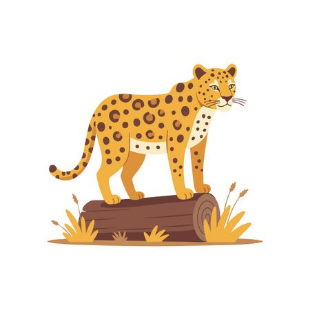 Illustration shows a leopard standing on a log surrounded by dry grass and plants in a natural setting. Calm and focused mood.のイラスト素材