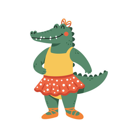 Illustration shows a green cartoon crocodile wearing a yellow top and red skirt with polka dots, smiling confidently and standing proudly. Cheerful mood.のイラスト素材