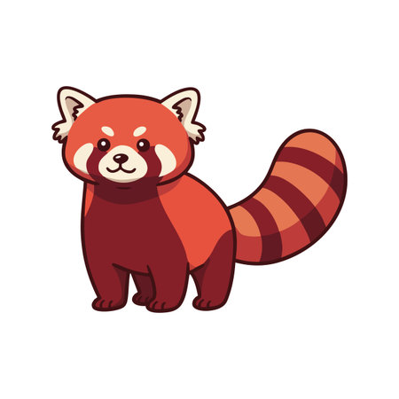 Vector illustration of a red panda with a striped tail and adorable facial expression in a standing pose, charming and playful mood.のイラスト素材