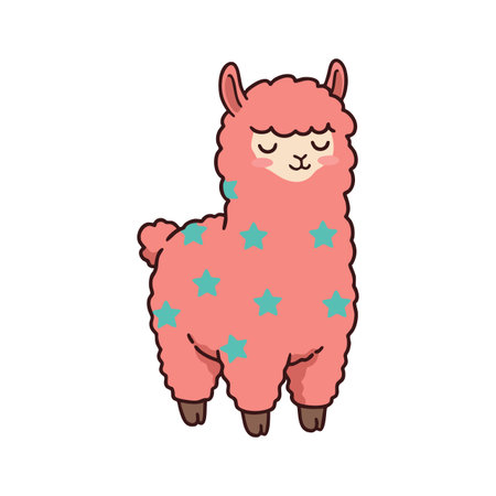 Vector illustration of a pink alpaca with blue star patterns standing calmly and peacefully, creating a charming and playful mood.のイラスト素材