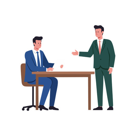 Two businessmen meet in an office, one sitting and one standing, shaking hands over a desk in a professional scene, positive mood.のイラスト素材
