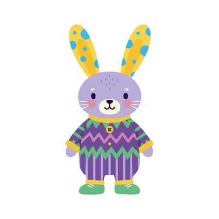 This vector illustration shows a purple bunny with yellow polka-dotted ears dressed in vibrant patterned clothes, creating a playful and cheerful mood.のイラスト素材