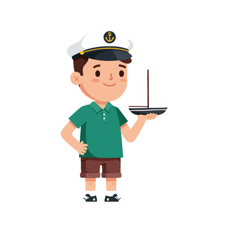 Young boy stands smiling in a captains hat holding a toy sailboat in one hand, wearing green shirt and brown shorts, playful scene.のイラスト素材