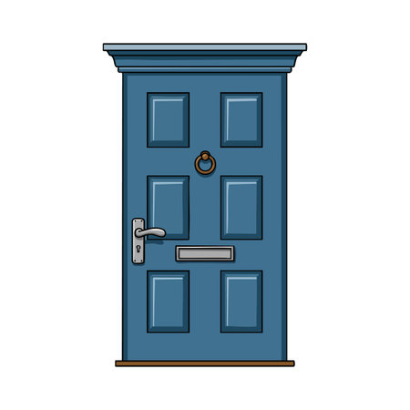 Vector illustration of a blue front door with metal handle, mail slot, and knocker in clear view. Simple and inviting design. Calm mood.のイラスト素材