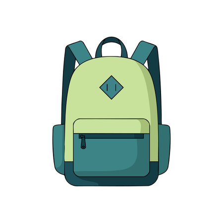 Illustration shows a green and teal backpack with shoulder straps and front pocket in a simple style. The image has a calm mood.のイラスト素材