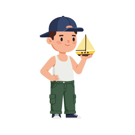 Young boy in blue cap and green pants holds a yellow sailboat toy with confidence, expressing childhood joy and imagination. Cheerful mood.のイラスト素材