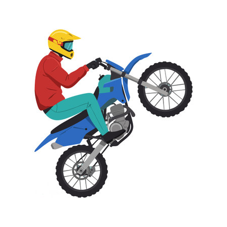 Vector illustration of a motorcycle rider executing a wheelie stunt, dressed in a yellow helmet and red jacket, displaying skillful motion. Energetic mood.のイラスト素材