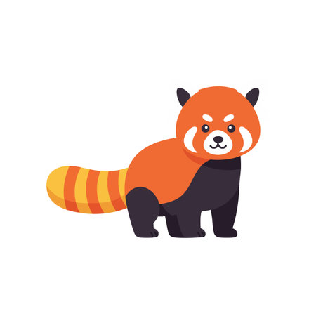 Illustration shows a red panda standing with a striped tail in a simple vector style with vibrant colors and a playful mood.のイラスト素材