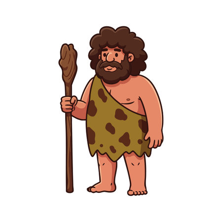 Caveman stands holding a wooden staff wearing animal skin clothing in a prehistoric style. The character appears calm and primitive. Cheerful mood.のイラスト素材