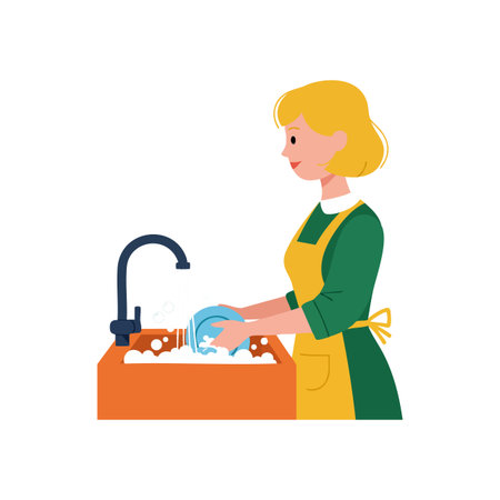 Woman wearing green and yellow apron washes dishes in orange sink with soap bubbles in bright setting calm mood.のイラスト素材