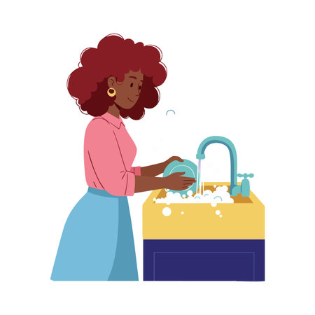 Illustration shows a woman washing hands with soap under running water at a yellow and blue sink, promoting hygiene and cleanliness. Calm mood.のイラスト素材