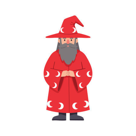 This vector shows a wizard wearing a red cloak and hat adorned with crescent moons standing calmly on a white background. Magical and calm.のイラスト素材