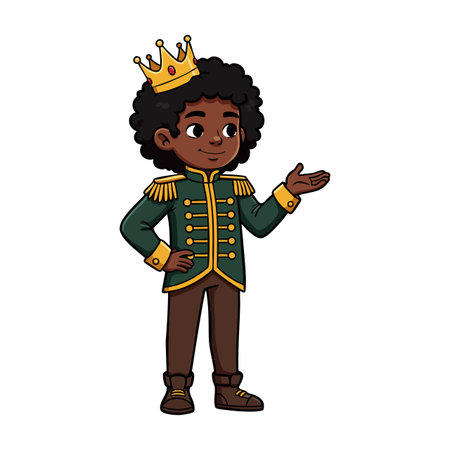 Illustration of a young African American prince standing confidently in royal military uniform and crown, presenting with his hand, portrait orientation, joyful mood.のイラスト素材