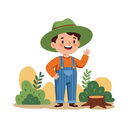 Illustration of a smiling boy wearing a green hat and striped overalls, standing among bushes and tree stump in a cheerful outdoor scene.のイラスト素材