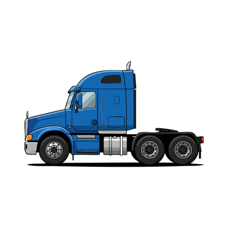 Illustration shows a blue semi truck from the side with detailed wheels and cabin in a clean style, conveying transport and industry mood.のイラスト素材