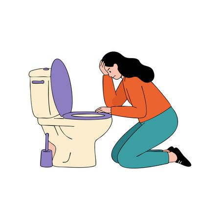 Illustration shows a woman kneeling beside a toilet with hand on forehead, indicating nausea or illness in a simple style. Calm mood.のイラスト素材