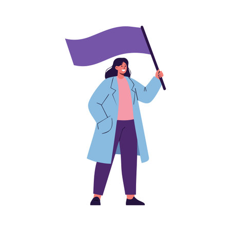 Illustration of a woman standing confidently holding a purple flag in a long coat, expressing determination and strength. Calm mood.のイラスト素材