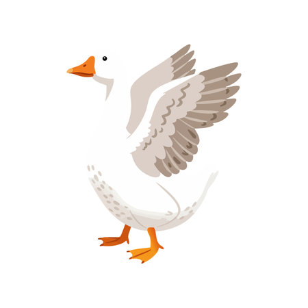 Illustration shows a white goose with brown wings, orange beak, and feet standing upright with wings raised. Calm and natural mood.のイラスト素材