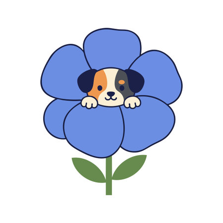 Illustration shows a small puppy peeking out from blue flower petals with green leaves on a white background, creating a playful and cheerful mood.のイラスト素材