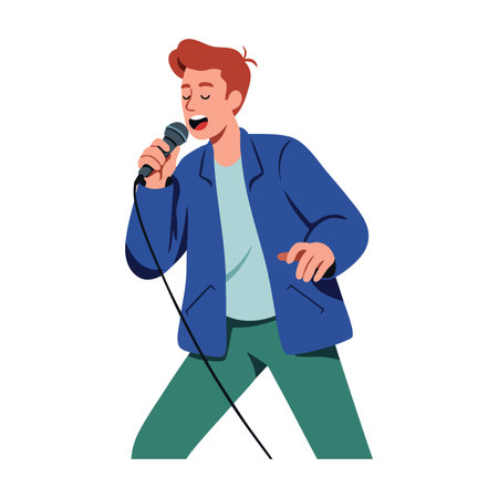 Male singer performs passionately holding a microphone, dressed in a blue jacket and green pants, expressing lively and joyful mood.のイラスト素材