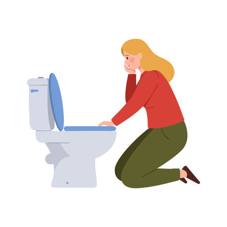 Illustration shows a woman kneeling beside a toilet, holding her head and appearing unwell, with flat lighting and a simple background, serious mood.のイラスト素材