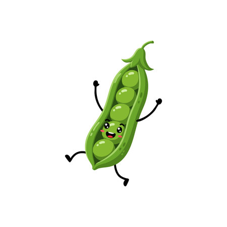 Illustration shows a happy green pea pod with a cute face and lively expression, conveying joy and energy in a playful style. Cheerful mood.のイラスト素材