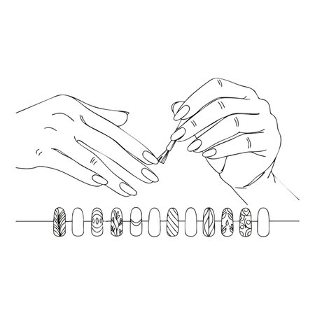 Vector illustration shows a hand painting nails with different nail art designs in a simple line style, creating a creative and artistic mood.のイラスト素材