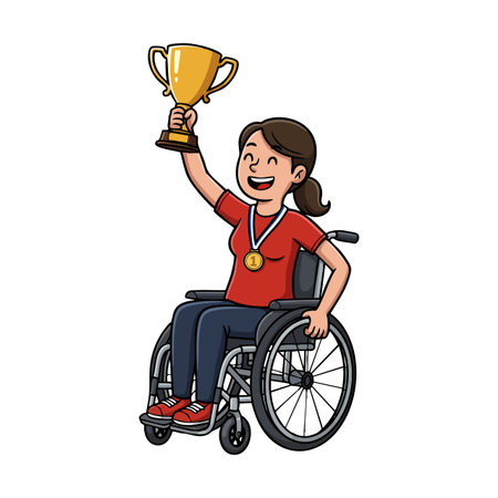 Illustration shows a happy woman in a wheelchair holding a golden trophy and wearing a medal, expressing triumph and joy. Uplifting mood.のイラスト素材