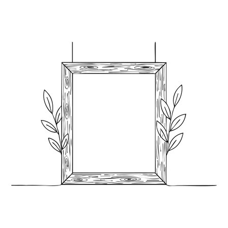 This vector illustration shows a simple wooden frame with leaves on both sides in minimalist line art style, conveying a natural and calm mood.のイラスト素材