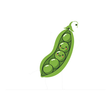 Illustration shows a green peas pod with two peas smiling and two plain peas on white background, conveying friendly mood.のイラスト素材