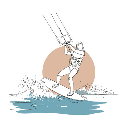 Illustration shows a kitesurfer balancing on a board while holding kite lines above water, with dynamic splash and round background, energetic mood.のイラスト素材